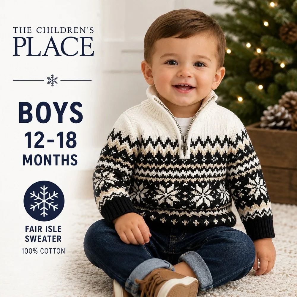 The Children's Place Sweater Boys 12-18M Black White Fair Isle Quarter Zip Knit